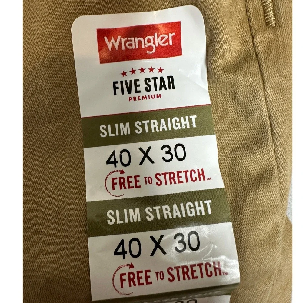 NEW Wrangler Five Star Premium Jeans Mens 40X30 Tan Slim Straight Stretch Denim